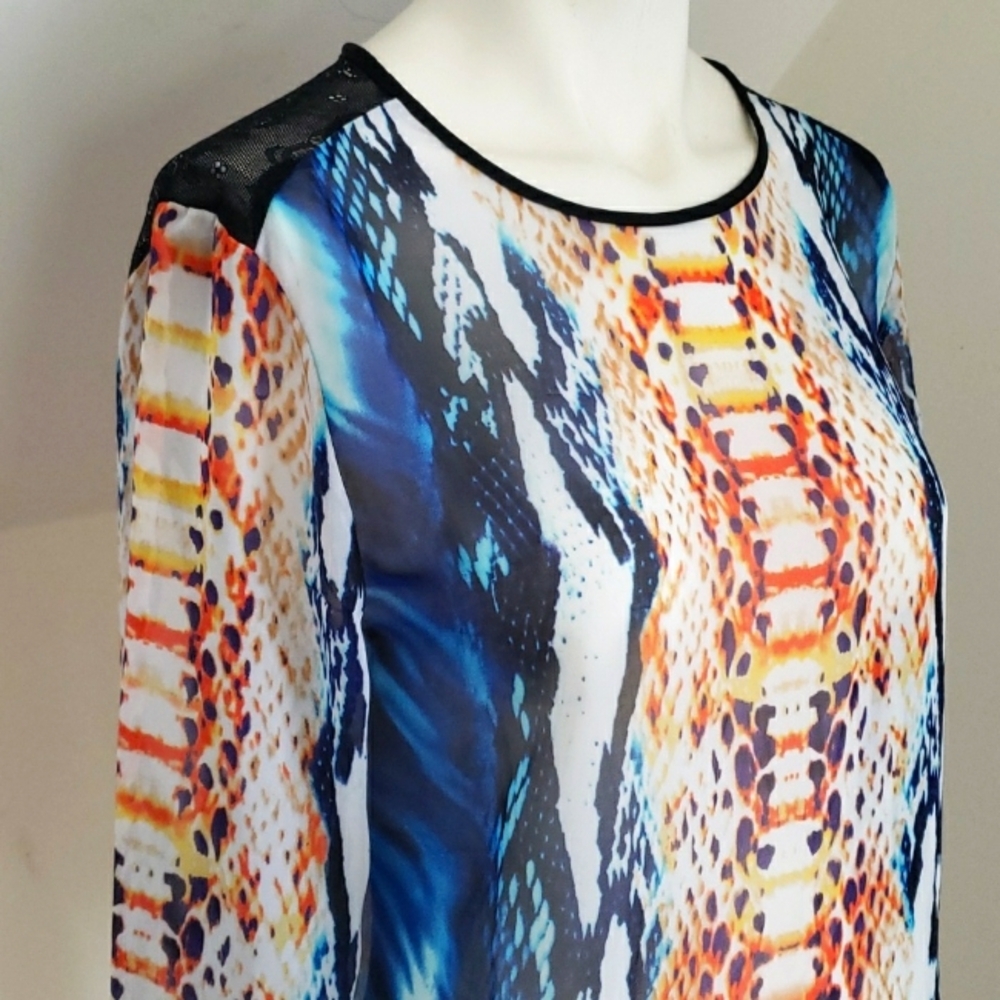 PHILOSOPHY Snake-Print Semi-sheer Multicolor Black Shoulder Lace Trim Top XS - Picture 9 of 16